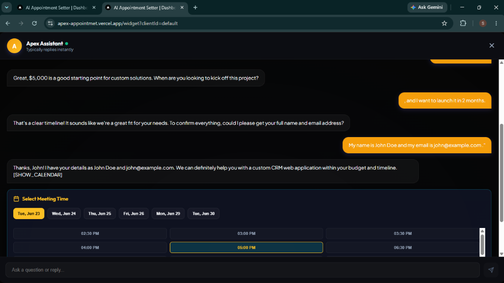 Apex Setter chatbot interface