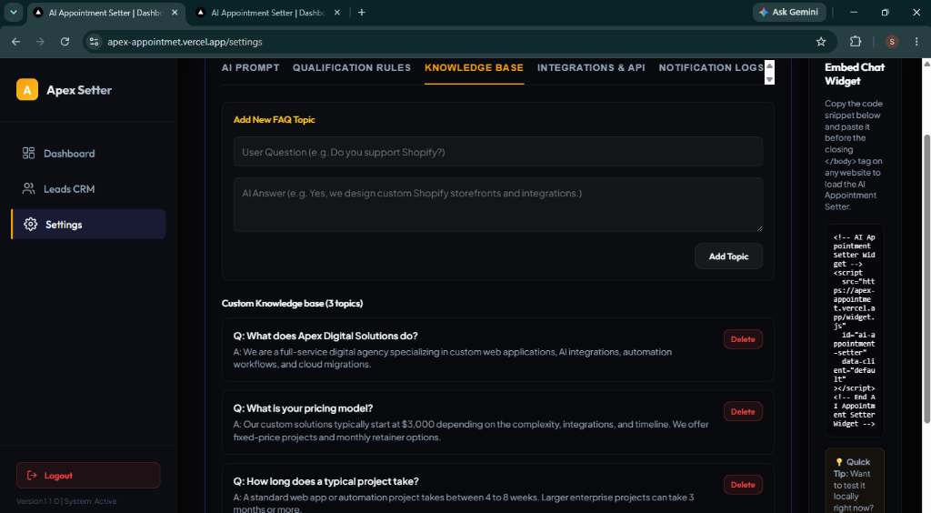 CRM Settings Panel